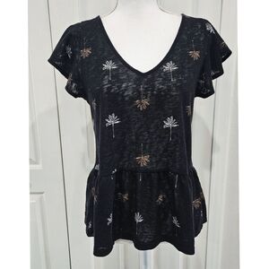 Palm Tree Peplum Blouse Heather Gray Black LOFT Size XS